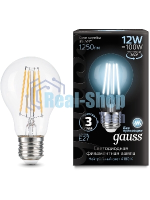 Лампа cветодиодная Gauss Filament А60 12W 1250lm 4100К Е27 LED 1/10/40