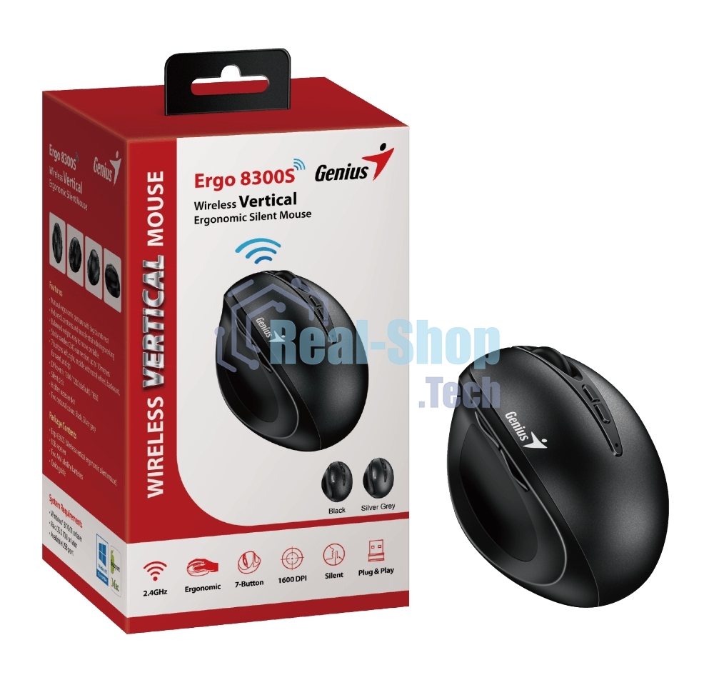 Мышь беспроводная Genius Ergo 8300S черный, 1600 dpi, радиоканал, USB, кнопки - 7