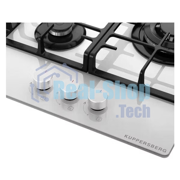 Варочная поверхность Kuppersberg FG 46 W газ, High-Tech, 45 см, автоматический электроподжиг, газ-контроль, форсунки под сжиженый газ, SABAF конфорки, чугунные решетки, цвет белый, цвет фурнитуры белый