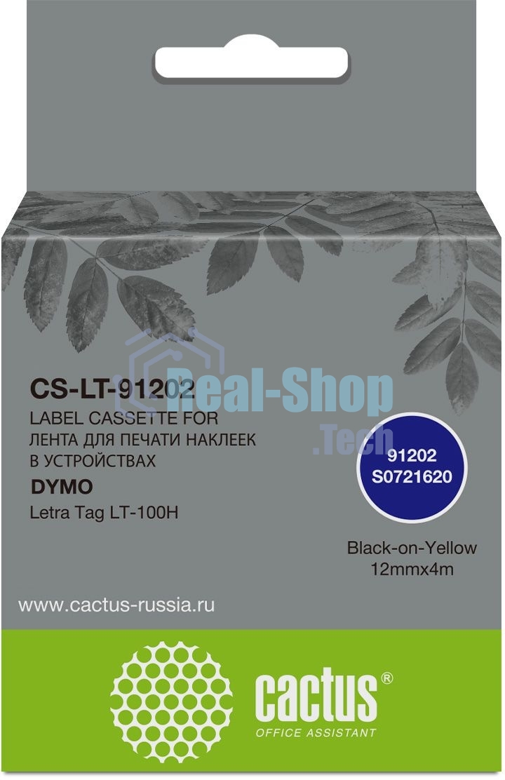 Картридж ленточный Cactus CS-LT-91202 черный шрифт, желтый фон (12 мм, 4 м) для Dymo Letra Tag LT-100H