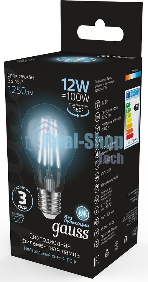 Лампа cветодиодная Gauss Filament А60 12W 1250lm 4100К Е27 LED 1/10/40