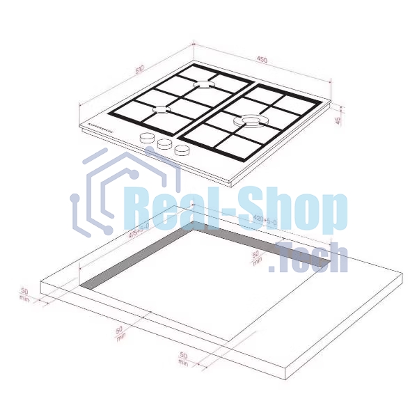 Варочная поверхность Kuppersberg FG 46 W газ, High-Tech, 45 см, автоматический электроподжиг, газ-контроль, форсунки под сжиженый газ, SABAF конфорки, чугунные решетки, цвет белый, цвет фурнитуры белый