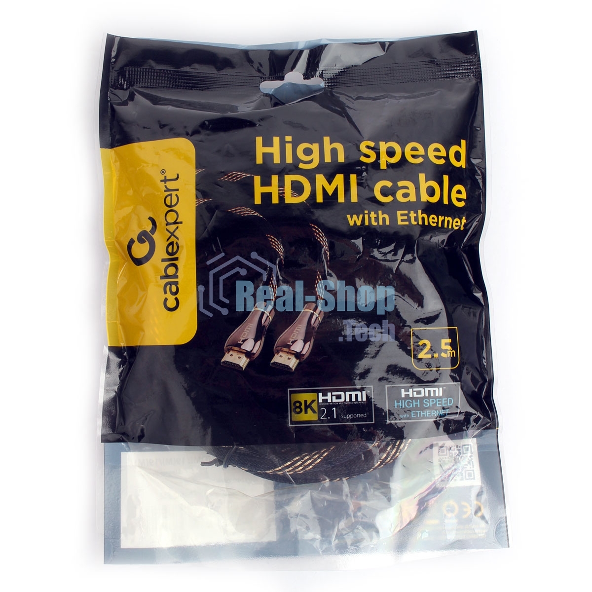 Кабель Cablexpert HDMI CCP-HDMI8К-2.5M, 19M/19M, v2.1, 8К, медь, позол.разъемы, экран, оплетка, 2.5м, черный, пакет