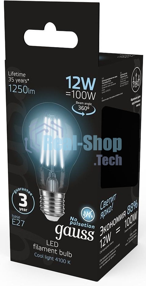 Лампа cветодиодная Gauss Filament А60 12W 1250lm 4100К Е27 LED 1/10/40
