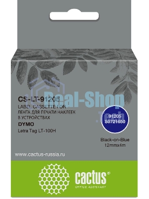 Картридж ленточный Cactus CS-LT-91205 черный шрифт, синий фон (12 мм, 4 м) для Dymo Letra Tag LT-100H