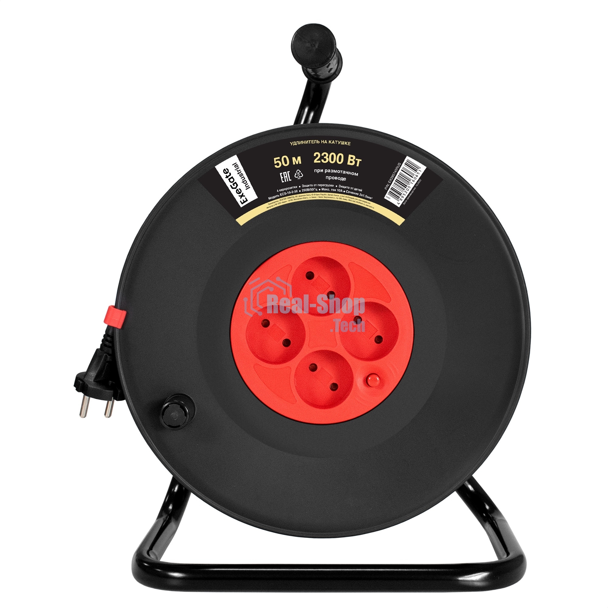 Удлинитель на катушке ExeGate industrial ECS-10-2-50 (4 евророзетки, IP20, 50 м, защита от детей, защита от перегрузки, 2х1,0 мм2, 10А/2.3 кВт)