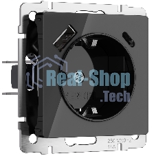 Розетка с заземлением, шторками и USB тип A+C (черный акрил)