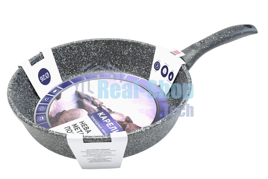 Сковорода НЕВА МЕТАЛЛ ПОСУДА 2326 Карелия д.26 Диаметр изделия: 26 см. Высота бортов: 6,8см. Толщина дна: 6 мм. Толщина стенок: 4мм. Диаметр дна: 18см. Цвет: натуральный природный камень. Линия 