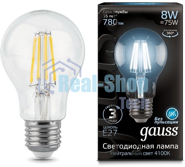 Лампа светодиодная Filament A60 E27 8Вт 4100К GAUSS 102802208