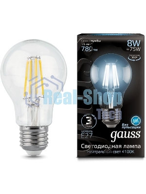 Лампа светодиодная Filament A60 E27 8Вт 4100К GAUSS 102802208