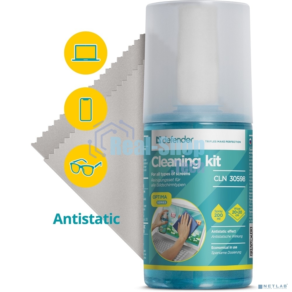 Чистящий спрей Defender для экранов/пластиковый флакон с пульверизатором 200 мл + микрофибра 20 х 20 см/Беларусь