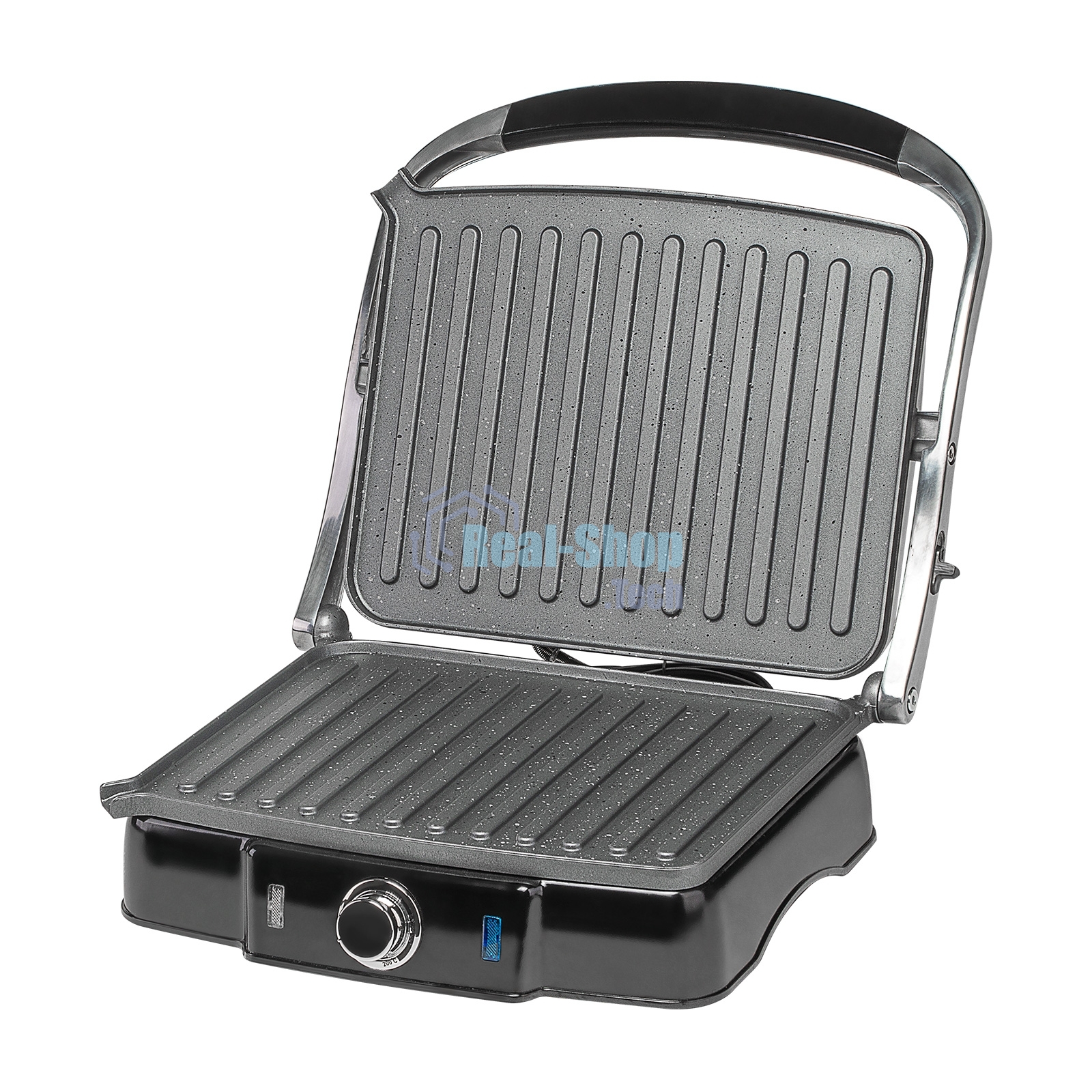 Гриль электрический Galaxy Line GL 2961, черный с серебристым, механическое управление, 2200 Вт, мраморное керамическое покрытие рабочей поверхности, корпус из нержавеющей стали, индикаторы сети и нагрева, регулятор температуры, лопатка и емкости для сбор