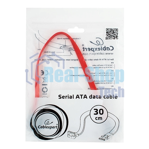Кабель интерфейсный SATA Cablexpert CC-SATAM-DATA90-0.3M, 30 см, угловой разъем, 7pin/7pin, защелка, пакет