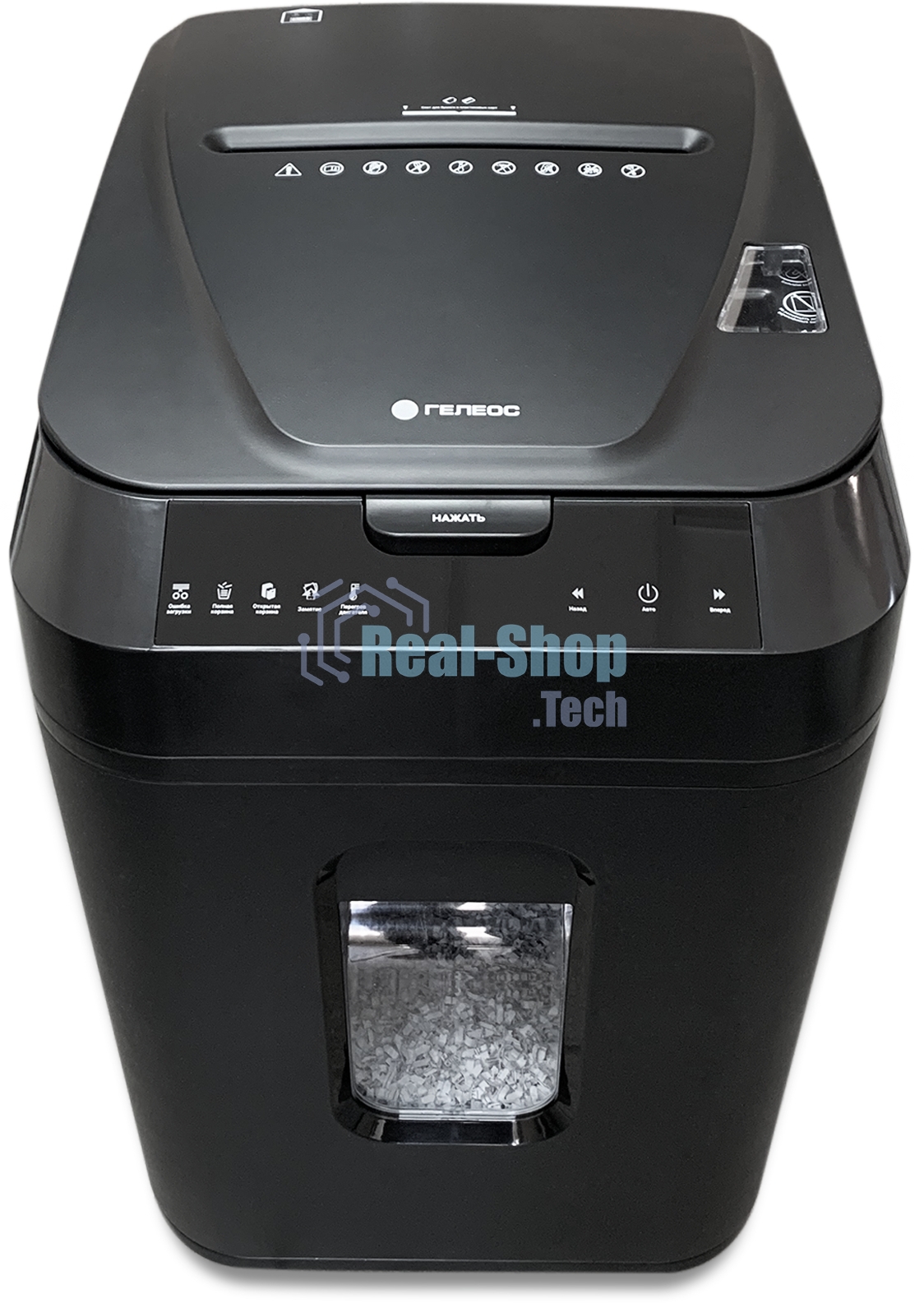 Шредер ГЕЛЕОС АП40-4, DIN P-4 (4 ур-нь секр.), фрагмент 3,9х12мм, АВТОПОДАЧА 170 лист (70г/м2), пл.карты/скрепки/скобы, 37 литров