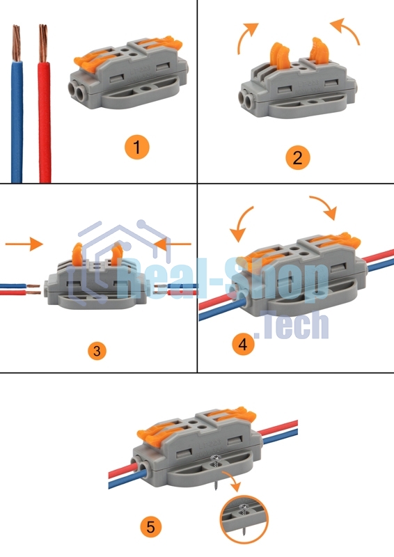 Клемма соединительная Rexant многоразовая проходная 2 полюса, с монтажной площадкой (0,08-4 мм²), серая (50 шт./уп.)