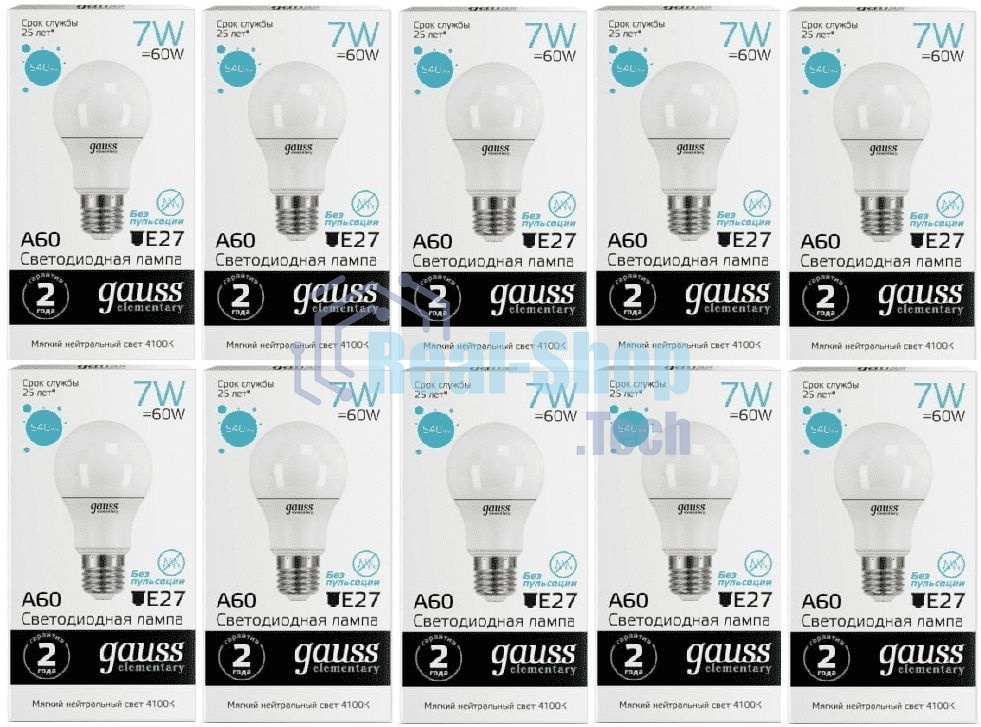 Лампа светодиодная Gauss Elementary 7Вт цок.: E27 груша 220B 6500K св. свеч. белый хол. A60 (упак.: 10 шт)