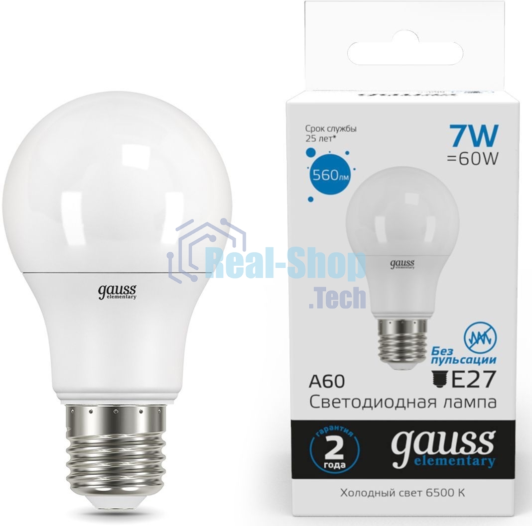 Лампа светодиодная Gauss Elementary 7Вт цок.: E27 груша 220B 6500K св. свеч. белый хол. A60 (упак.: 10 шт)
