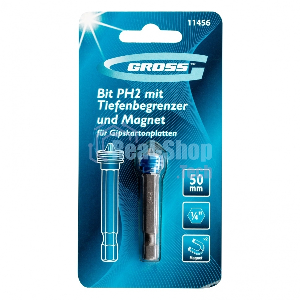 Бита Gross 11456 PH 2x50 мм с ограничителем и магнитом, для ГКЛ, S2