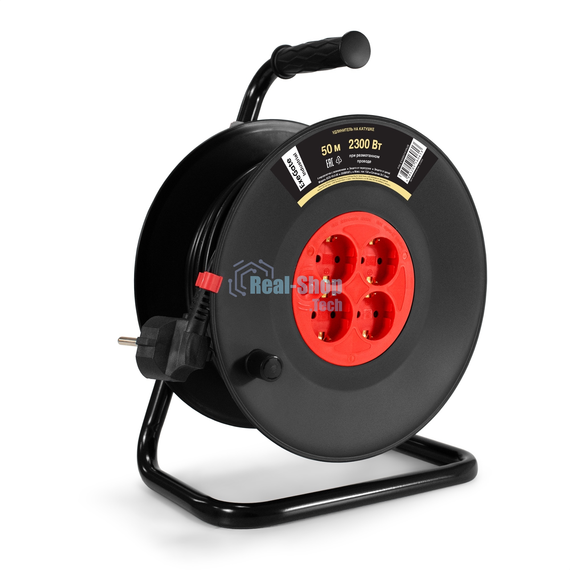 Удлинитель на катушке ExeGate industrial ECS-10-3-50 (4 евророзетки с заземлением, IP20, 50 м, защита от детей, защита от перегрузки, 3х1,0 мм2, 10А/2.3 кВт)