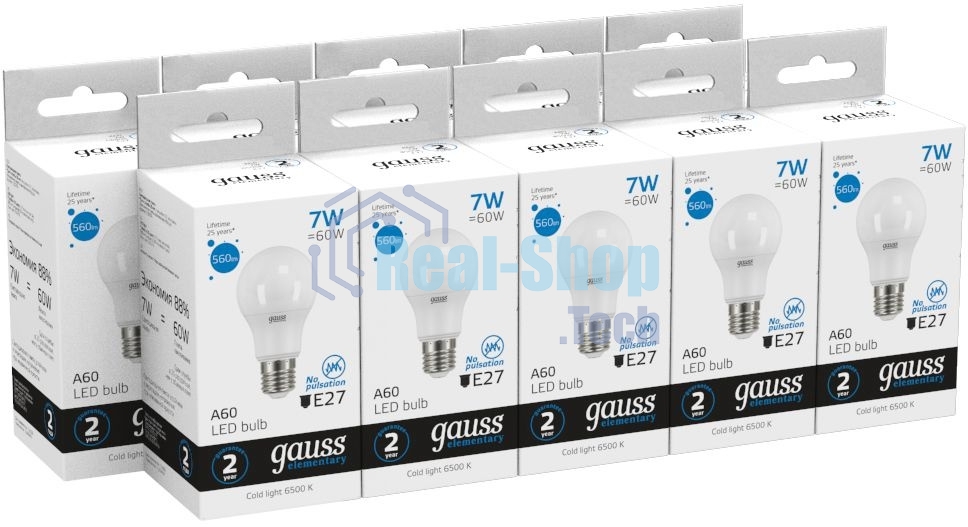 Лампа светодиодная Gauss Elementary 7Вт цок.: E27 груша 220B 6500K св. свеч. белый хол. A60 (упак.: 10 шт)