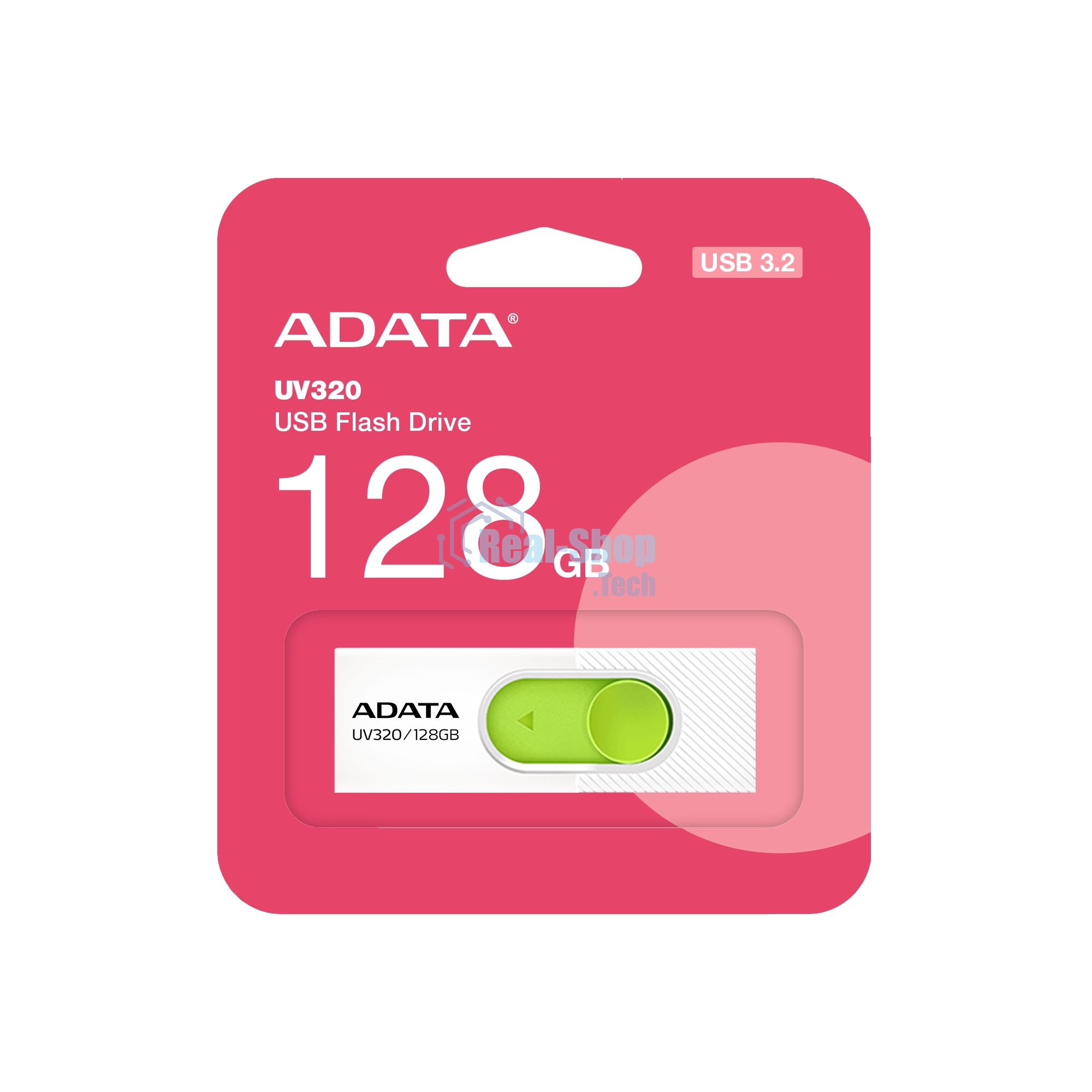 Флешка USB ADATA UV320 (AUV320-128G-RWHGN), 128Gb, USB 3.2 Gen1, R/W 100/30, белый/зеленый