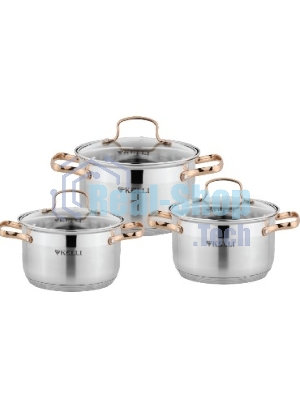 Набор посуды Kelli KL-4214 6 пред.(Кастрюля с жаропрочной стекл. крышкой 2.1 л. Кастрюля с жаропрочной стекл. крышкой 3 л. Кастрюля с жаропрочной стекл. крышкой 4 л. Мерная шкала внутри. Высококачественная нержавеющая сталь 18/10. 5-ти слойное капсульное дно.)