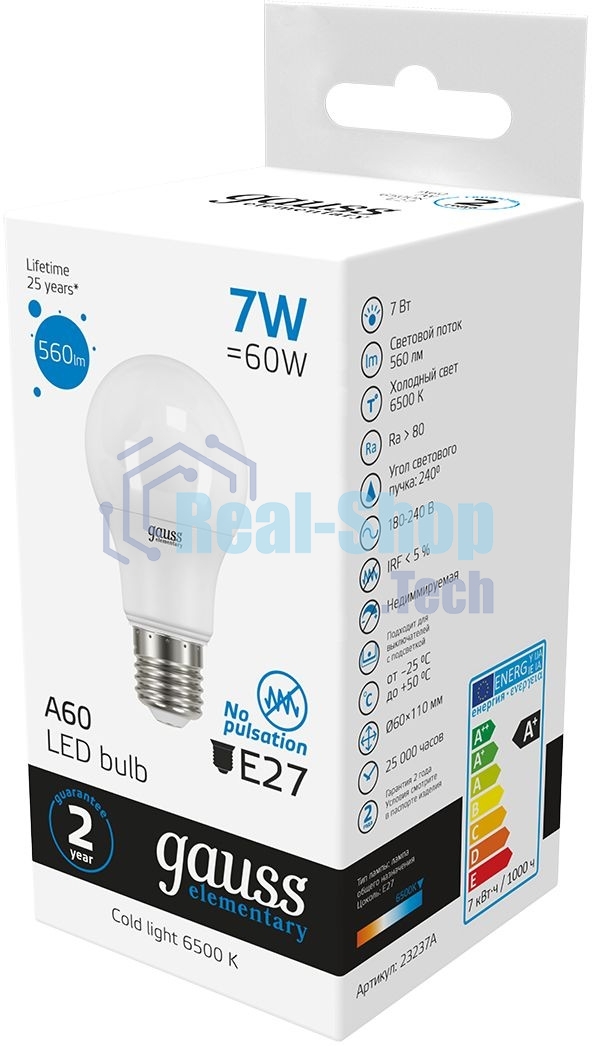 Лампа светодиодная Gauss Elementary 7Вт цок.: E27 груша 220B 6500K св. свеч. белый хол. A60 (упак.: 10 шт)