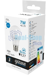 Лампа светодиодная Gauss Elementary 7Вт цок.: E27 груша 220B 6500K св. свеч. белый хол. A60 (упак.: 10 шт)
