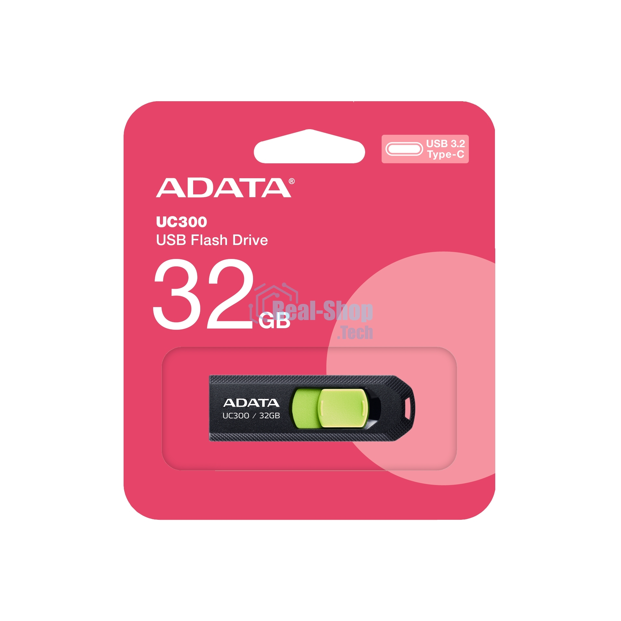 Флешка USB ADATA UC300 (ACHO-UC300-32G-RBK/GN), 32Gb, Type-C USB 3.2, R/W 100/30, черный/зеленый