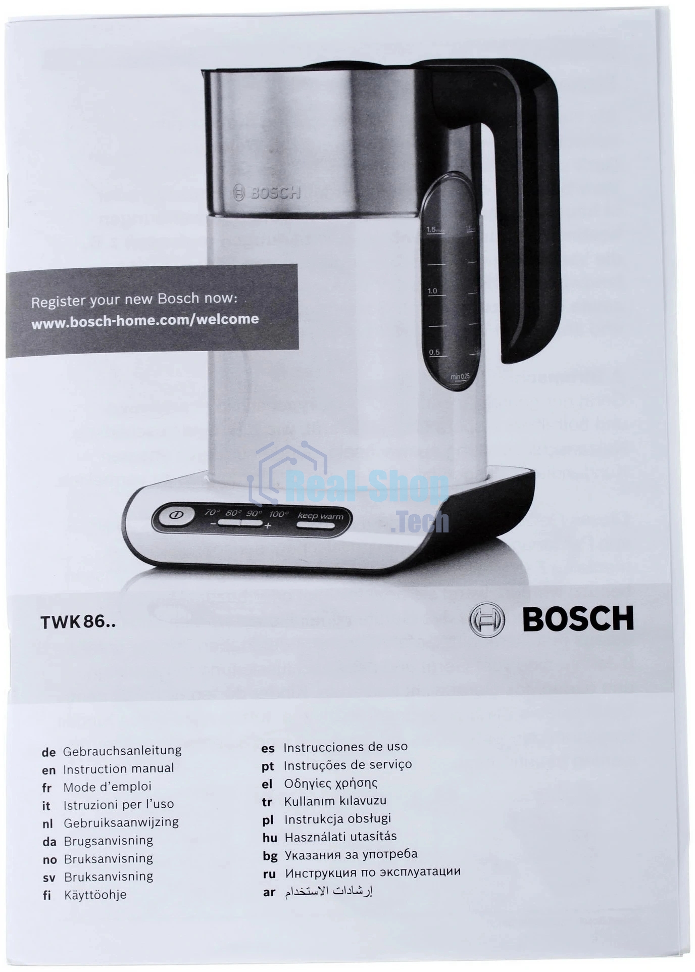 Чайник электрический Bosch TWK8613 черный/серебристый, 1.5 л, 2400 Вт, скрытый нагревательный элемент, поддержание температуры