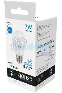 Лампа светодиодная Gauss Elementary 7Вт цок.: E27 груша 220B 6500K св. свеч. белый хол. A60 (упак.: 10 шт)