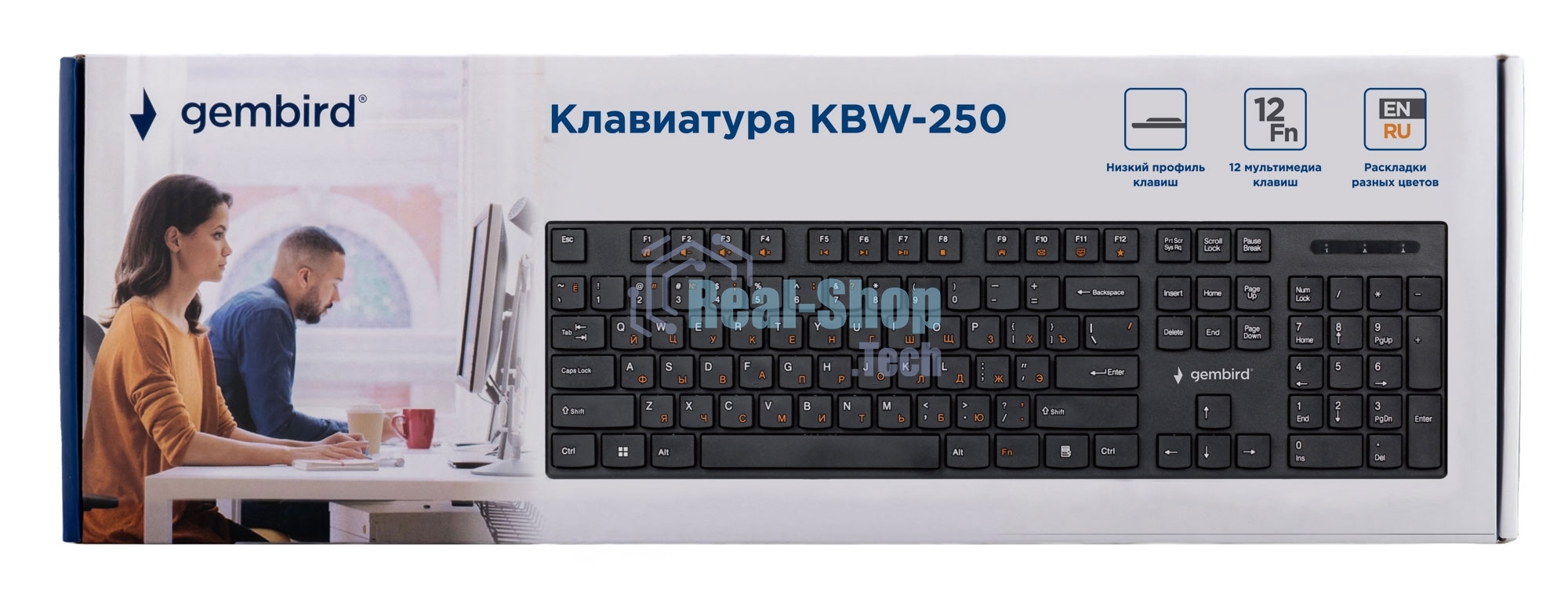 Клавиатура беспроводная Gembird KBW-250, полноразмерная, 104кл, 12Fn, низкий профиль, 2.4 ГГц, черная