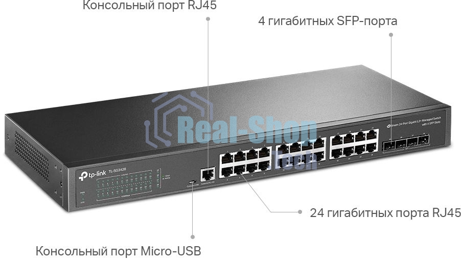 Коммутатор TP-Link JetStream 24-port Gigabit L2/L2+ Managed Switch with 4 SFP slots, support SDN controller, abundant L2/L2+ features, 1U rack mountable, full managed via web UI/CLI/Console/SSH/Telnet/SNMP.