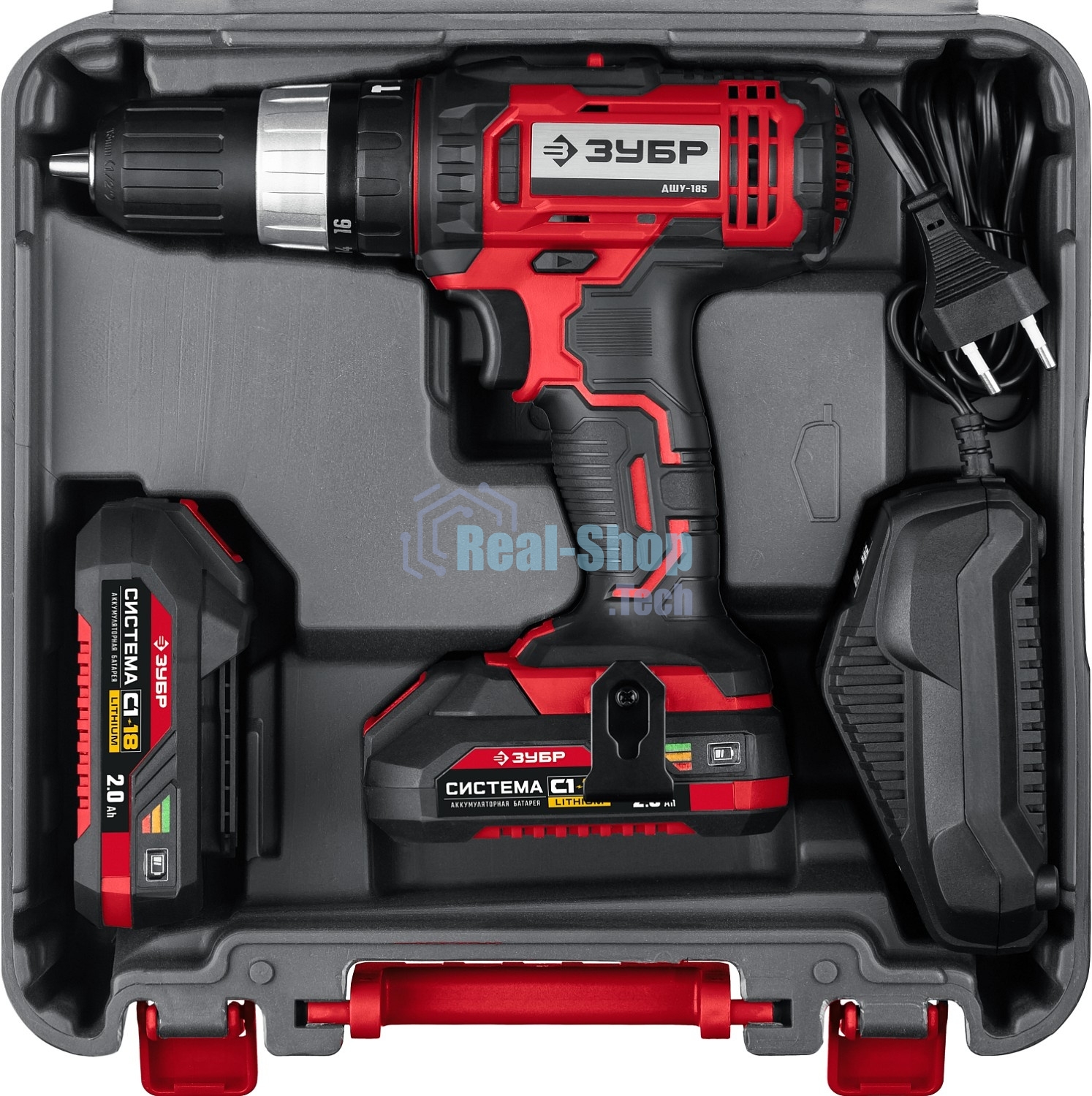 Дрель-шуруповерт аккумуляторная Зубр ДШУ-185-22, Аккумуляторный, 18В, 2 АКБ, Ударный, Кейс
