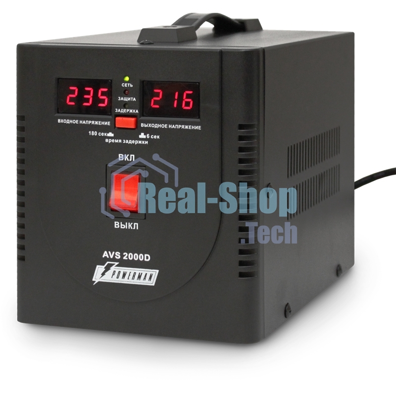 Стабилизатор напряжения Powerman AVS-D Voltage Regulator 2000VA, Digital Indication, 2x Schuko Outlets, 1m Power Cord, 230V, 1 year warranty, черный