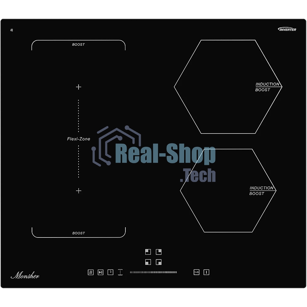 Индукционная варочная панель MONSHER MHI 6016, индукция, инвертер, 60 см, 9 уровней мощности, бустер, Stop and Go, автоматическое отключение, таймер, индикатор остаточного тепла, сенсорное/слайдерное управление, черный