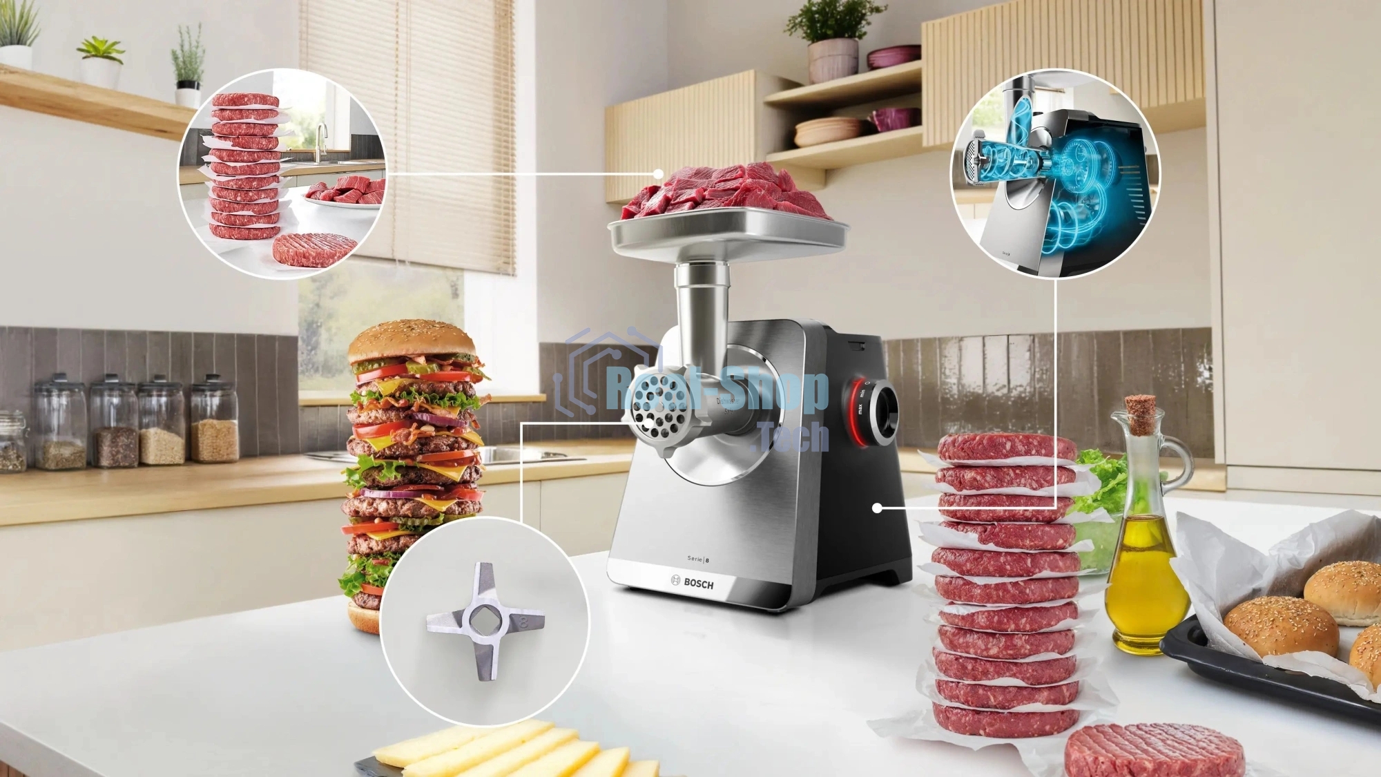 Мясорубка электрическая Bosch Series 8 MFWS835M черный, 2500 Вт, 4.5 кг/мин, реверс, защита от перегрузки, металлический лоток, насадки - 6