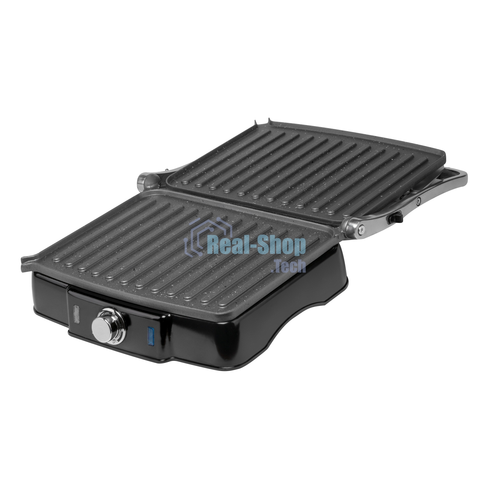 Гриль электрический Galaxy Line GL 2961, черный с серебристым, механическое управление, 2200 Вт, мраморное керамическое покрытие рабочей поверхности, корпус из нержавеющей стали, индикаторы сети и нагрева, регулятор температуры, лопатка и емкости для сбор