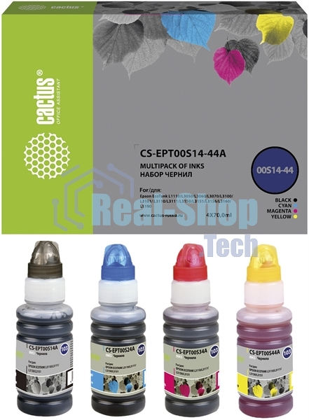Чернила Cactus CS-EPT00S14-44A голубой/пурпурный/желтый/черный набор 4x70мл для Epson L1110 Ecotank/L3100/L3101/L3110/L3150/L3151