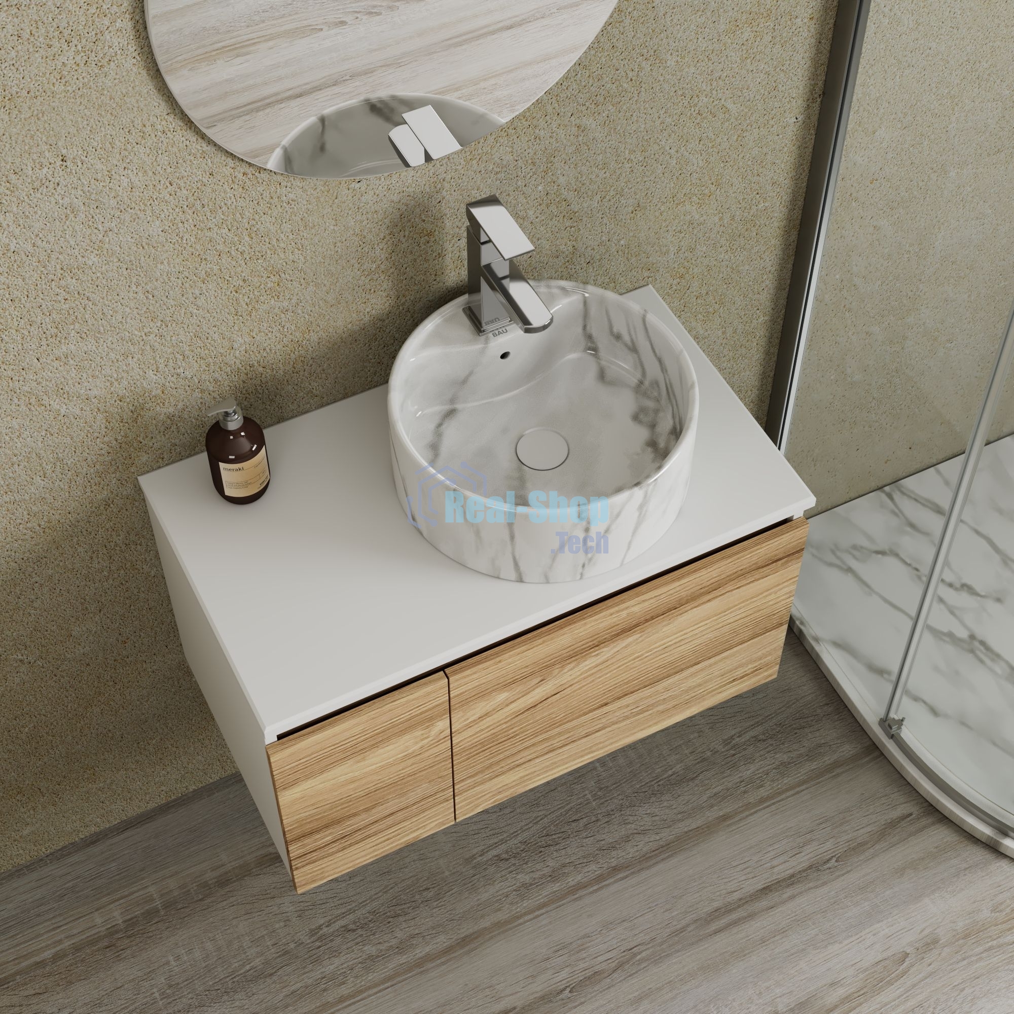 Комплект: тумба Bau Dream Blackwood 80, Раковина круглая накладная BAU Element D41, мрамор, смеситель Hotel Stil, нерж сталь, выпуск клик клак белый