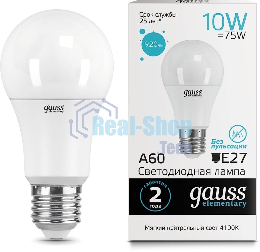 Лампа светодиодная Gauss Elementary 23220LED A60 E27 10W 4100K 1/40