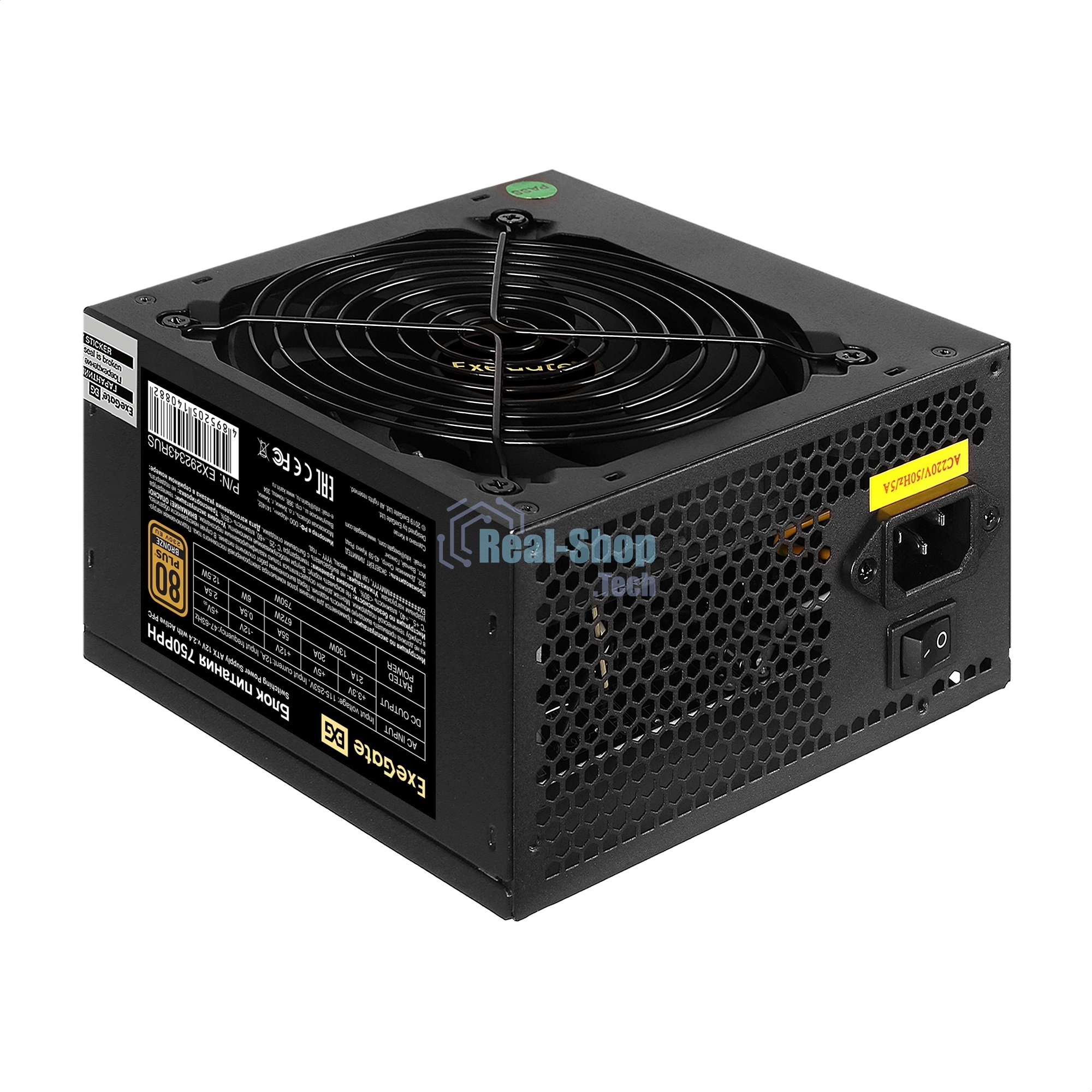 Блок питания 750W ExeGate 80 PLUS Bronze 750PPH-S-OEM (ATX, APFC, SC, КПД 89% (80 PLUS Bronze), 12cm fan, 24pin, 2x(4+4)pin, 4xPCI-E, 8xSATA, 4xIDE, кабель 220V 1,8м с защитой от выдергивания, black, RTL)