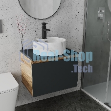 Комплект: тумба Bau Dream Blackwood графит 60, 1 ящик, раковина круглая накладная BAU Element D41, мрамор, смеситель Hotel Black, черный матовый