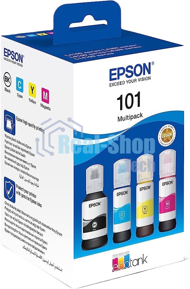 Чернила оригинальные Epson 101 / C13T03V64A мультипак, черный 127 мл., голубой, пурпурный, желтый - 210 мл. для Epson