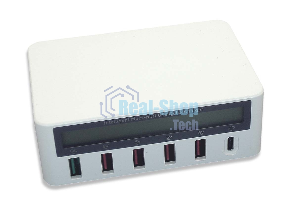 Профессиональное зарядное устройство 818PF для 5-ти телефонов с индикацией потребления + Type C PD