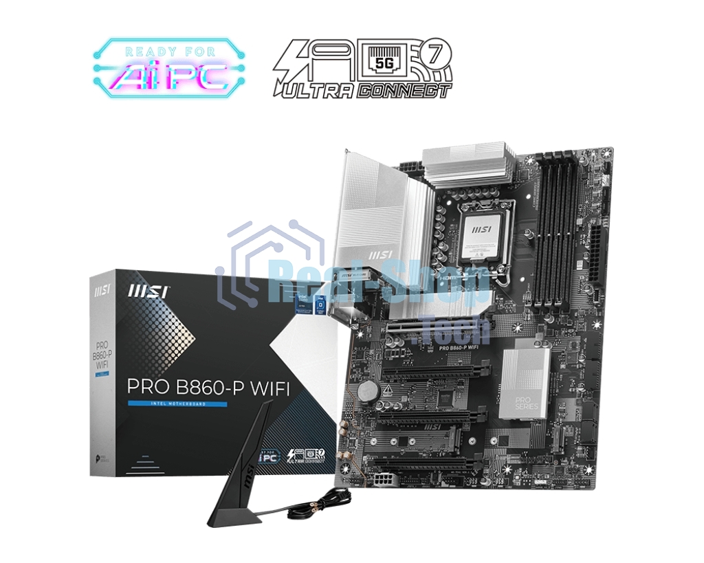 Материнская плата MSI PRO B860-P WIFI, LGA 1851, Intel B860, 4xDDR5, 4xSATA, 3xM.2, 1xPCIe 5.0 x16, 1xPCIe 4.0 x4, 2xPCIe 4.0 x1, 1xHDMI, 1xDP, 1xUSB-C, 1x 5Gb LAN, 2xUSB-A 3.2 Gen 2, 2xUSB-A 3.2 Gen 1, 4xUSB-A 2.0, 3x3.5 мм, 7.1, Wi-Fi 7, ATX