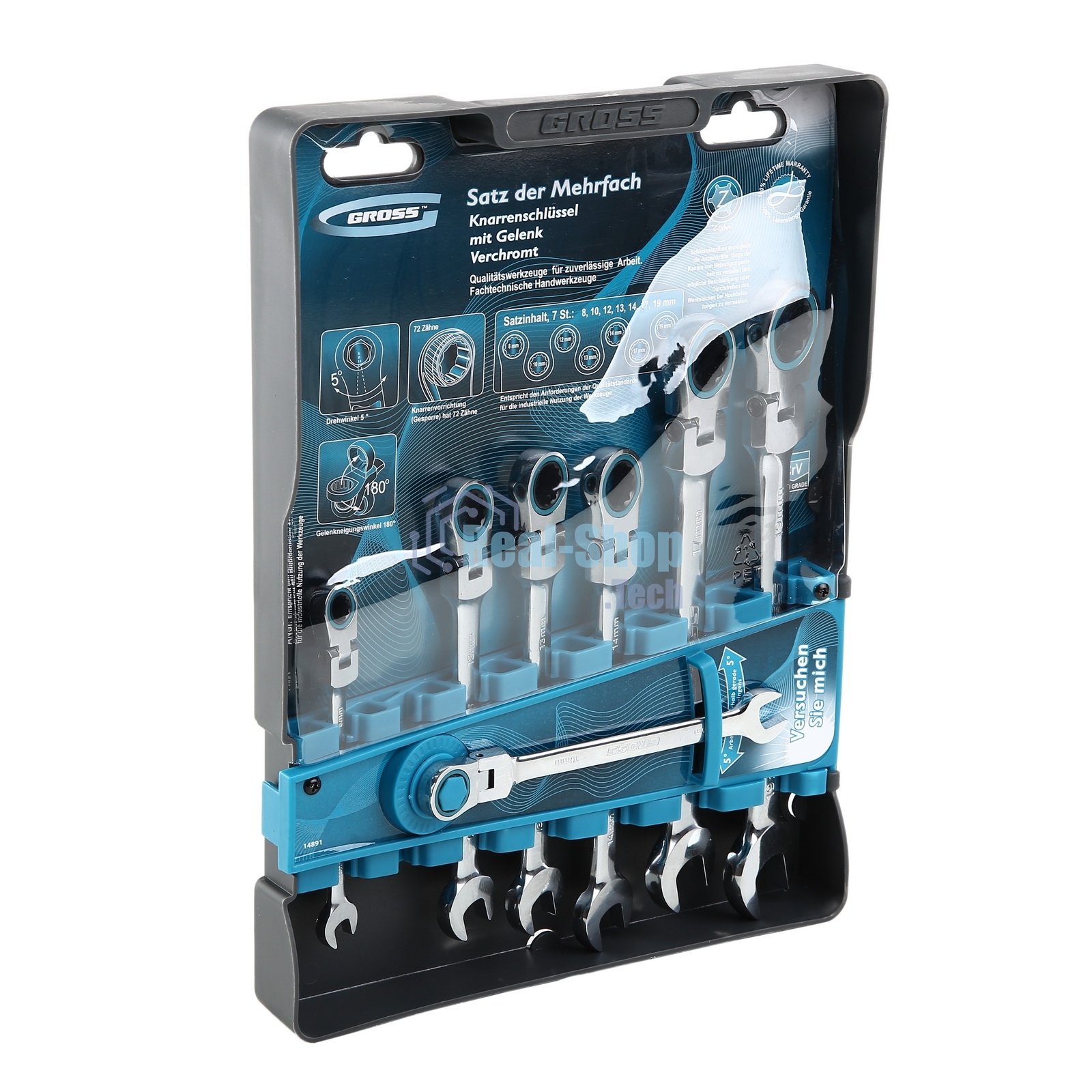 Набор ключей комбинированных Gross 14891 с трещоткой, 8 - 19 мм, 7 шт., шарнирные, CrV
