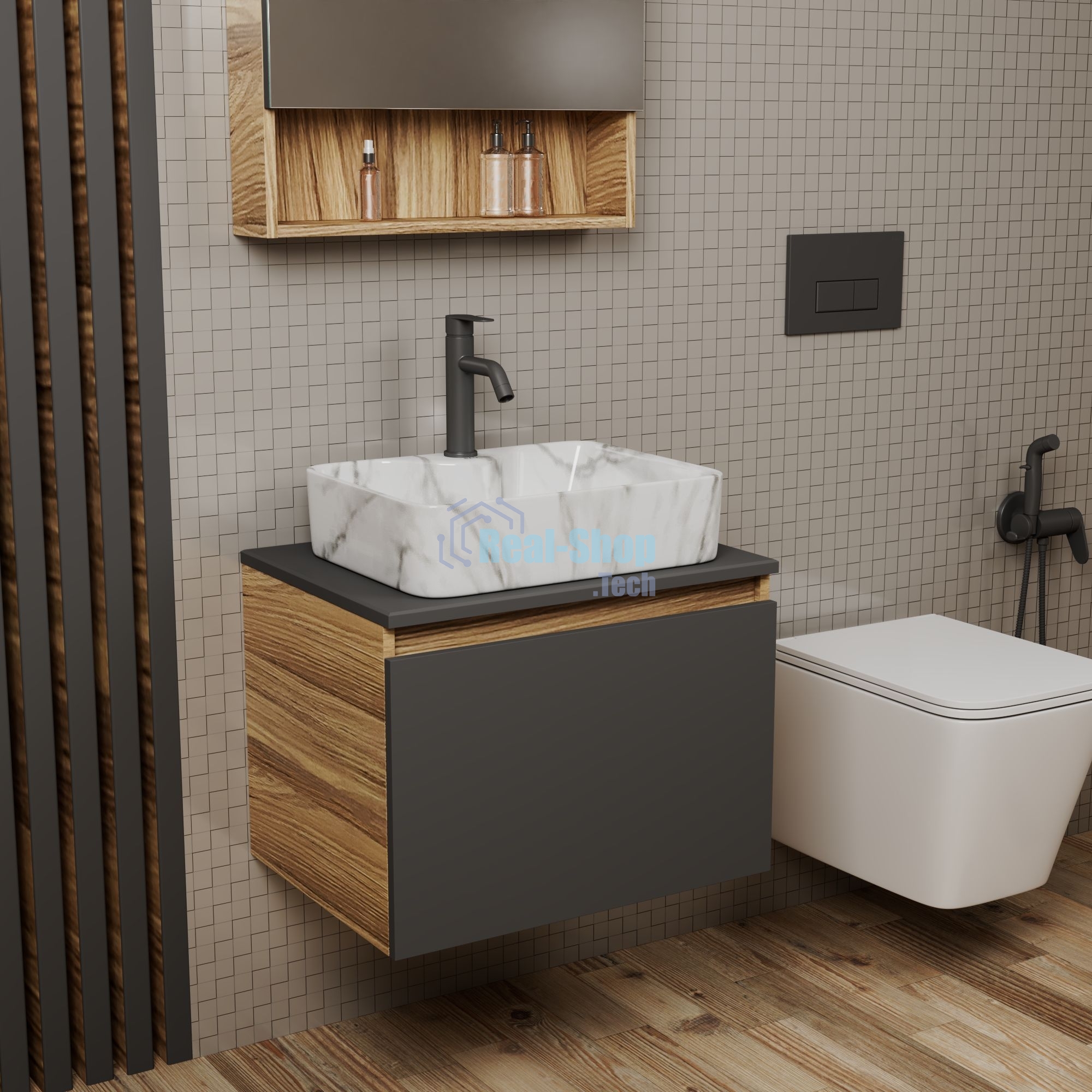 Комплект: тумба Bau Dream Blackwood графит 60, 1 ящик, раковина прямоугольная BAU Cerama 48х37, мрамор, смеситель Hotel Dream Black, черный матовый