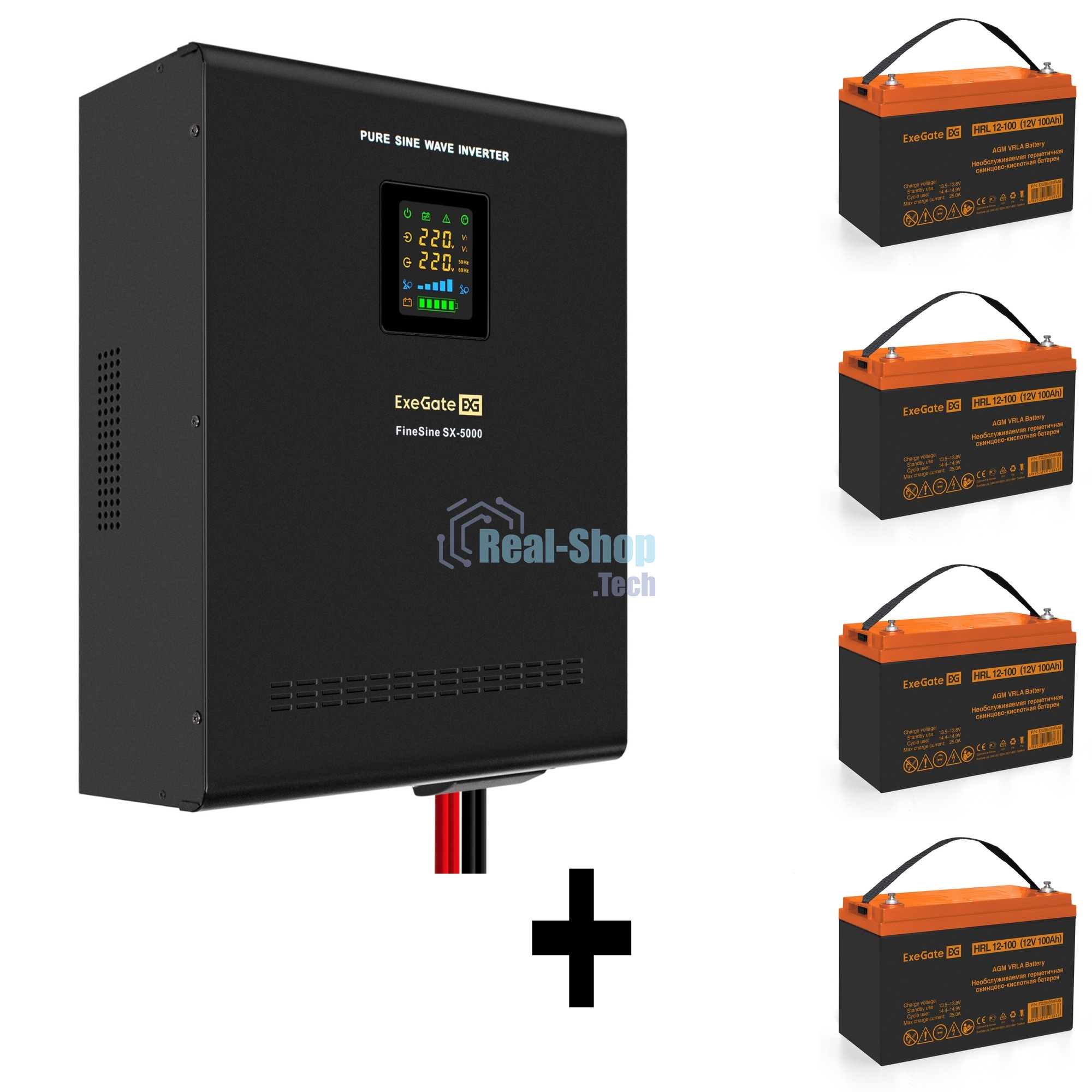 Комплект Источник бесперебойного питания EX296004RUS + батарея 100Aч EX285656RUS 4шт (инвертор, синус, для котла, настенный) ExeGate FineSine SX-5000.LCD.AVR.2SH.T 5000VA/3500W, чистая синусоида, цветной LCD-дисплей, AVR, 2*Schuko+клеммы, линейно-интерактивный, крепление настенное, Black + батарея ExeGate HRL 12-100 (12В, 100А·ч) 4шт
