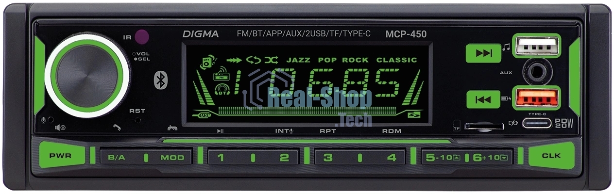 Автомагнитола Digma MCP-450, 1 DIN, Bluetooth, USB Type-A, AUX, пульт ДУ